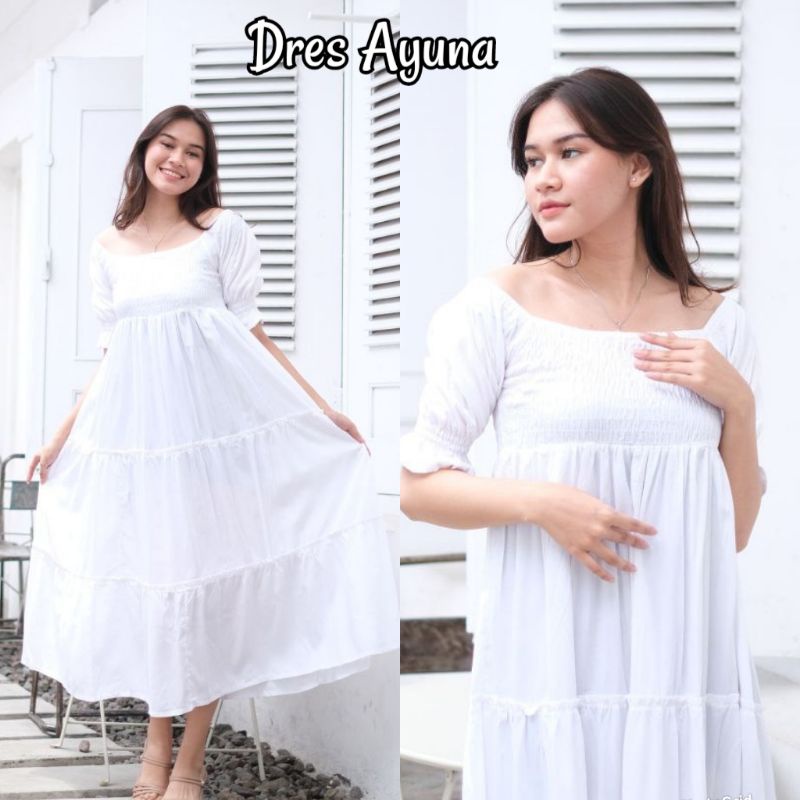 Dres Yuna/ Korean dres/ Dres kerut lengan/ dres putih/ long dress /gaun pesta/gaun panjang/longdres 