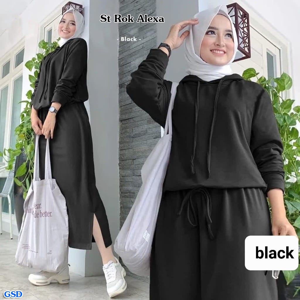 Alexa/Setelan Hoodie Impor Baju Wanita Muslim Jalan - Jalan Dan Rok Panjang Polos Casual  Bahan Babyterry