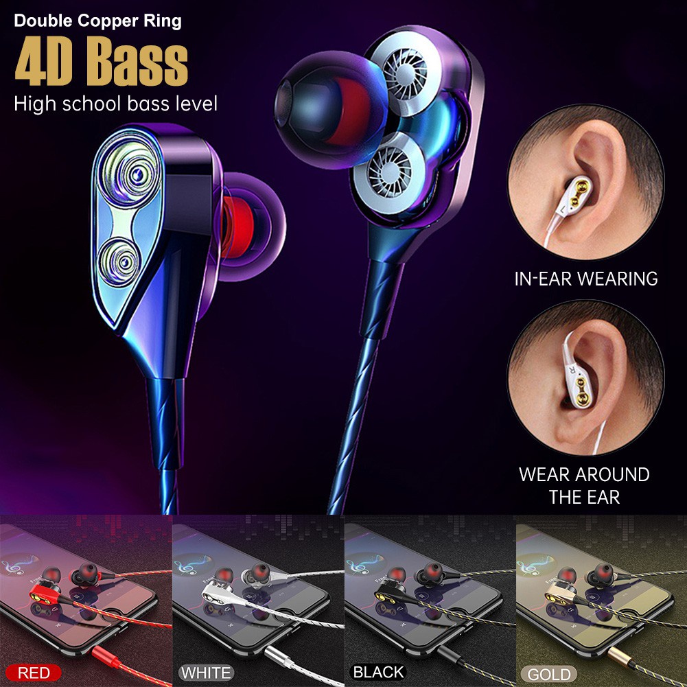 (COD) Super 4D Bass Double Speaker Headset Wired Earphone In-ear Headset Sports Earbuds