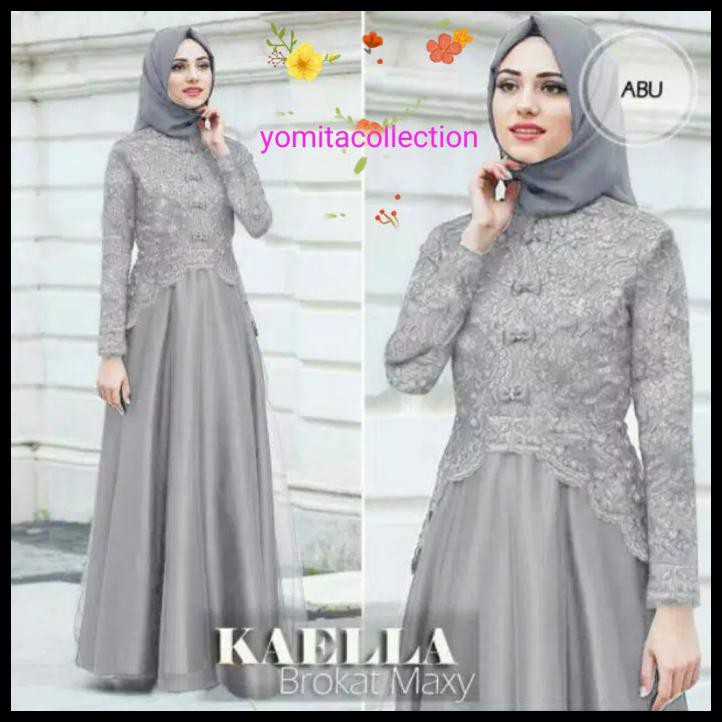 Baju Gamis Muslimah Maxi Kaella Modern Xl-Xxl Brukat Tile Terbaru - Abu-Abu