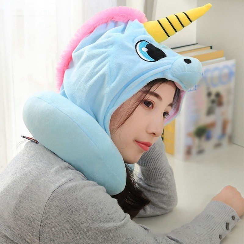 Bantal leher neck pillow hoodie travel traveling gemoy mini anak dewasa aesthetic lucu karakter unicorn imut empuk dan lembut import