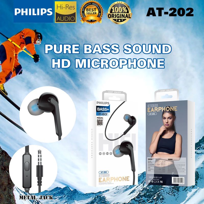 Handsfree Headset Earphone Philips AT-202 Plus Mic Stereo Suara Bagus