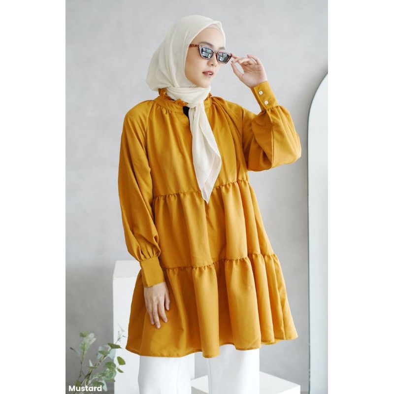 ruffle puff tunic casual dress wanita