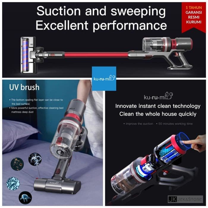 KURUMI KV-06 Cordless Stick Vacuum Cleaner with Bed &amp; Roller Mop Brush