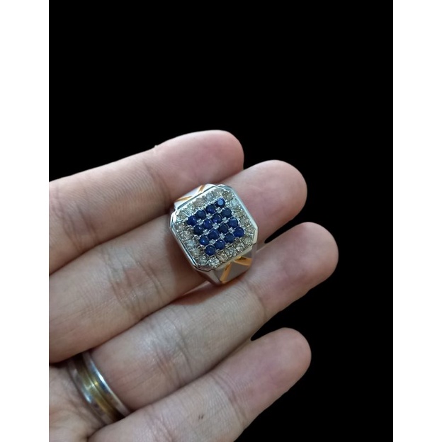 cincin berlian pria mata utama 16 pcs natural blue safir keliling natural berlian eropa ring perak r