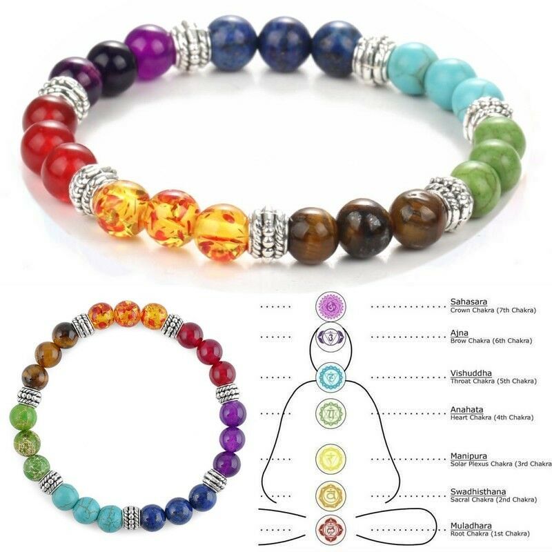 Unisex 7 Chakra Natural  Stone Beads Bracelet / Stress Relief Healing Chakra Yoga Bracelet /  Colourful  Lucky Prayer Beaded Bracelet