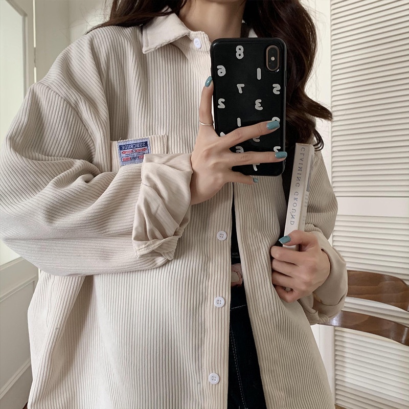 Emeja Korduroi - Jaket Korduroi Warna Solid Atasan Lengan Panjang Kasual Longgar Ala Korea