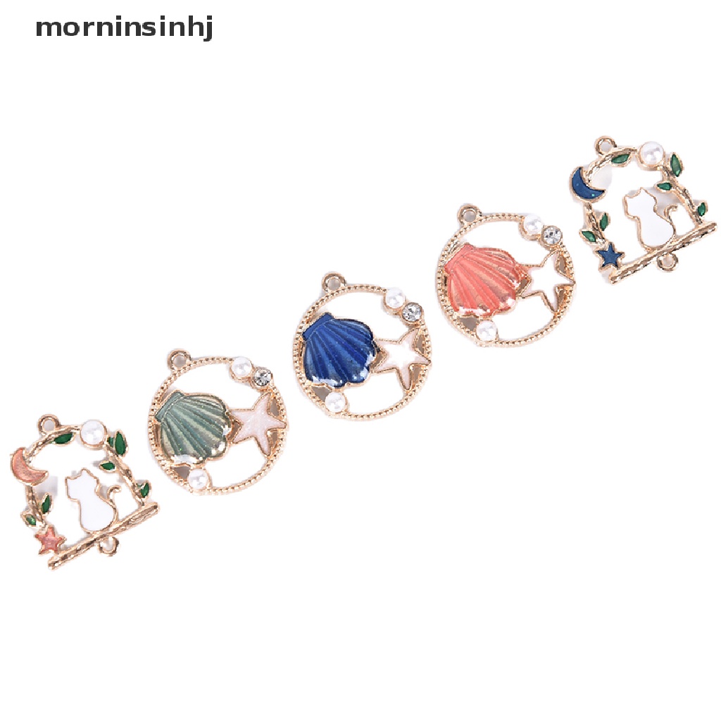 Mornin 10pcs / Set Liontin Enamel Bentuk Bintang Laut / Kerang / Mutiara Untuk Diy Craft / Perhiasan