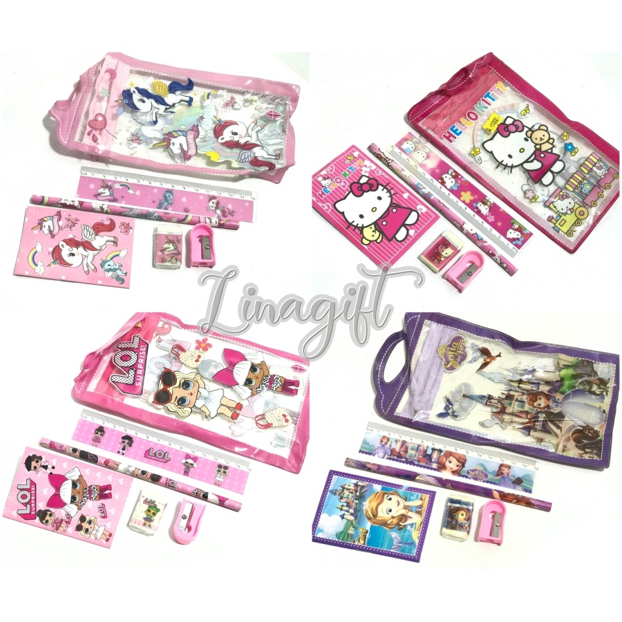 STATIONERY SET 5 MACAM ( PENSIL PENGGARIS PENGHAPUS SERUTAN BUKU NOTES ) PRINCESS FROZEN HELLOKITTY LOL SOFIA THE FIRST