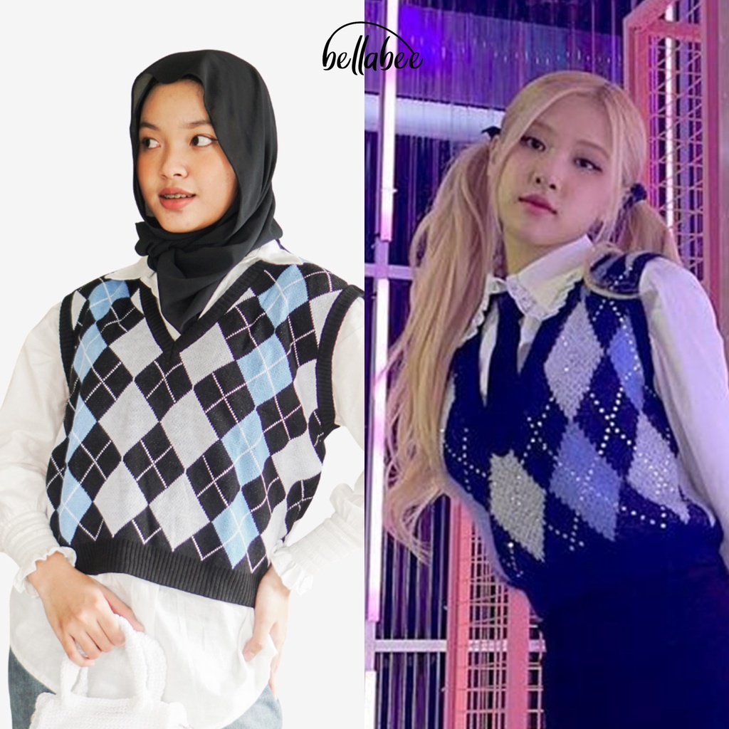 BELLABEE - Paula Knit Vest - Baju Atasan Rompi Rajut Tebal Premium Vest Sleeveless Sweater Motif Dia