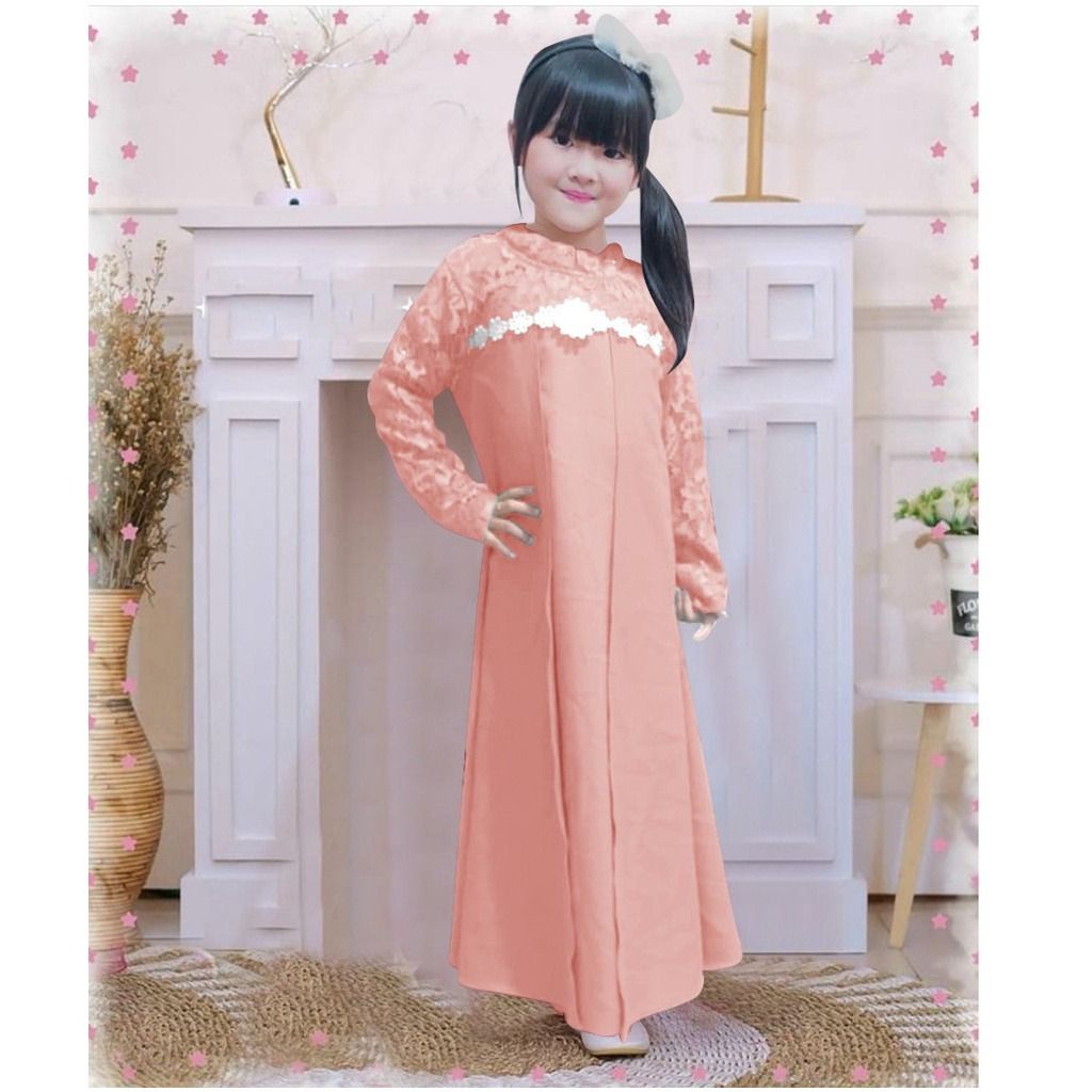 Gamis ELENAKID /GAMIS BRUKAT ANAK/GAMIS KONDANGAN ANAK/GAMIS ANAK BAHAN MOSCREPE KOMBINASI BRUKAT/GAMIS SERAGAM