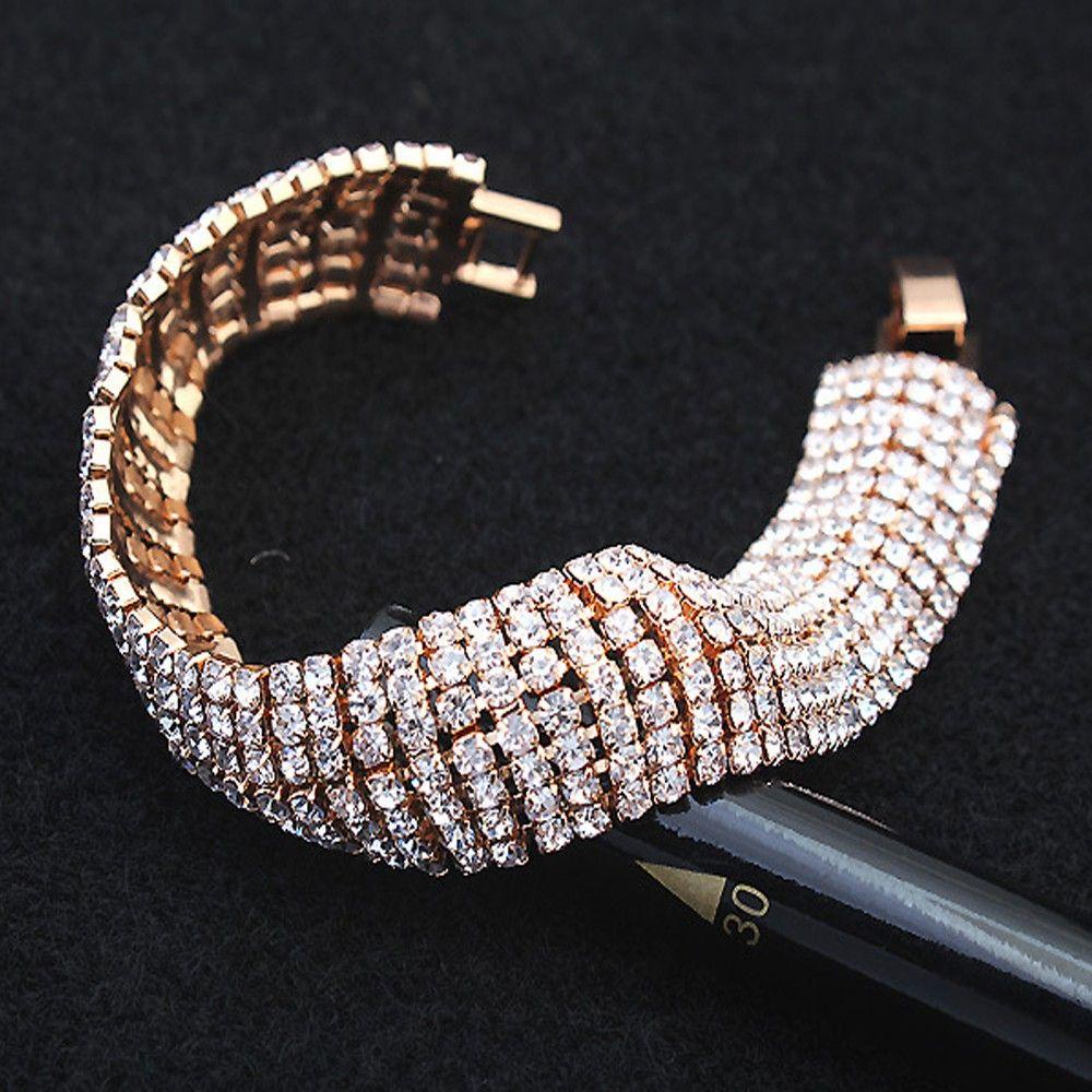 Solighter 7baris Gelang Kristal Pernikahan Fashion Wanita Berlian Imitasi Diamante Cuff Bangle