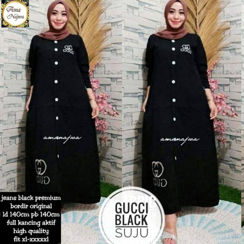 Gucci* Dress Maxy Gamis Polos Hitam Jeans Bordir Ld 140 Suju Super Jumbo Fit XXL Busui Kancing By Am