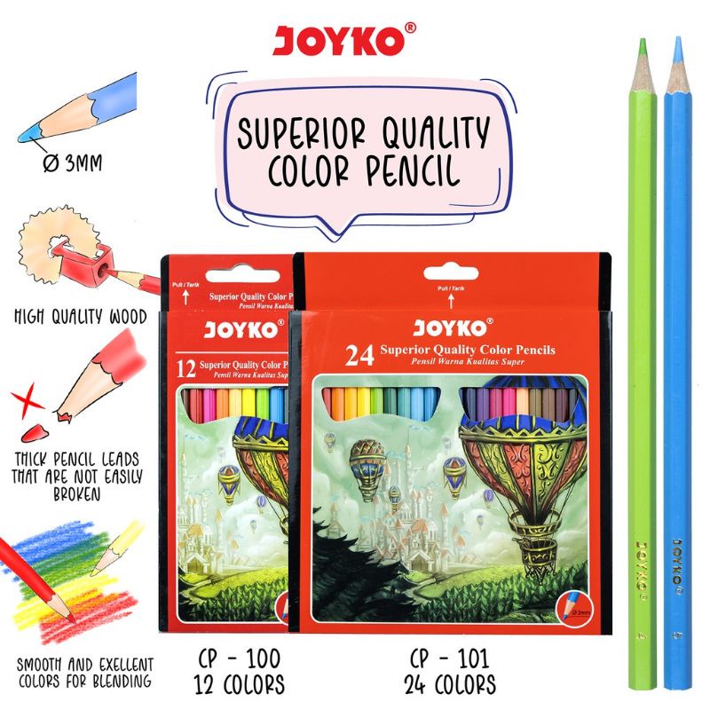 Joyko Pensil Warna joyko panjang Superior Quality Color Pensil isi 24 Hexagonal Grip pensil warna joyko panjang 24 joyko pensil warna isi 12