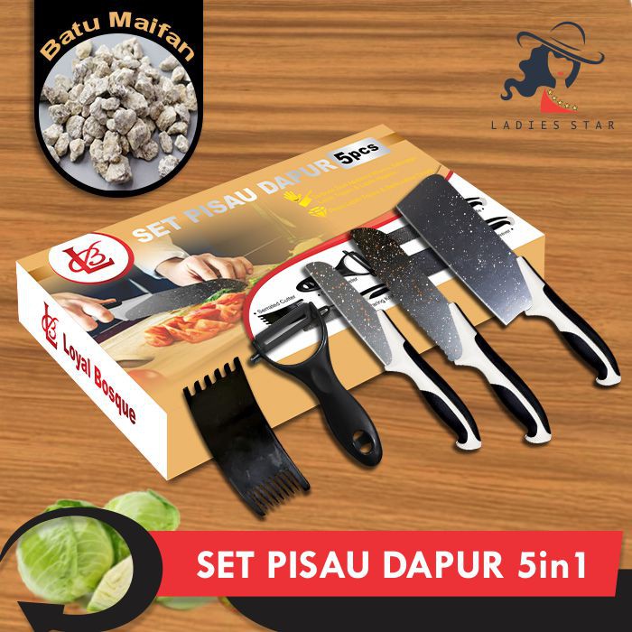 COD - ORIGINAL100%  - Set Pisau Hitam Batu Maifan Knife Set 5 Pcs 1 Ceramic Peeler Bahan Premium - J13