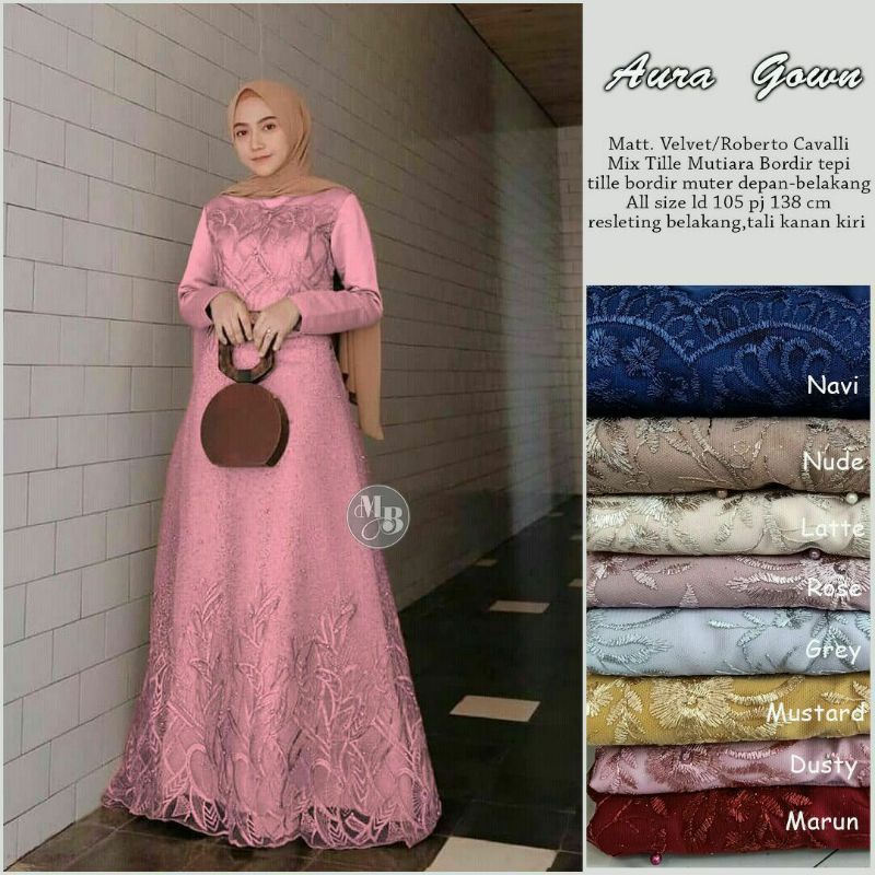 KHUSUS GROSIR Gamis Brokat Aura Gown • Gamis Syar'i • Tile mutiara mix velvet saten