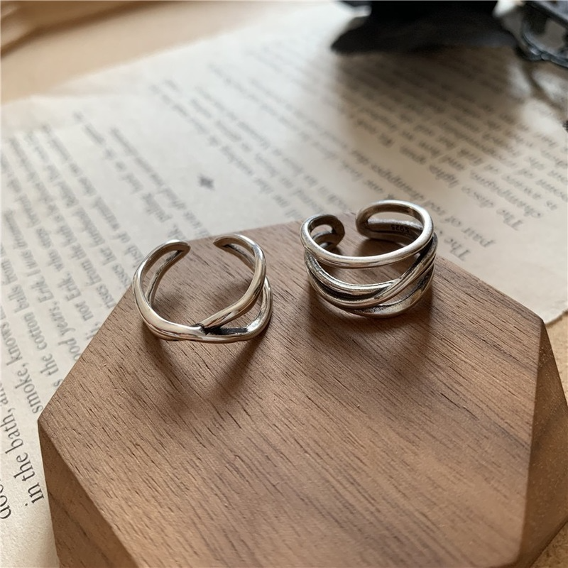 Roselife 2 Pcs Vintage Perak Memutar Terbuka Cincin Set Untuk Wanita Pria Sederhana Mode Geometris Cincin Jari Manset Perhiasan Hadiah