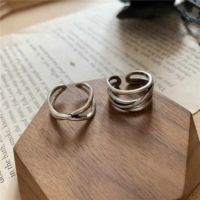 Papaozhu 2 Pcs Vintage Perak Garis Geometris Terbuka Cincin Set Untuk Wanita Pria Unisex Fashion Memutar Cincin Jari Manset Perhiasan