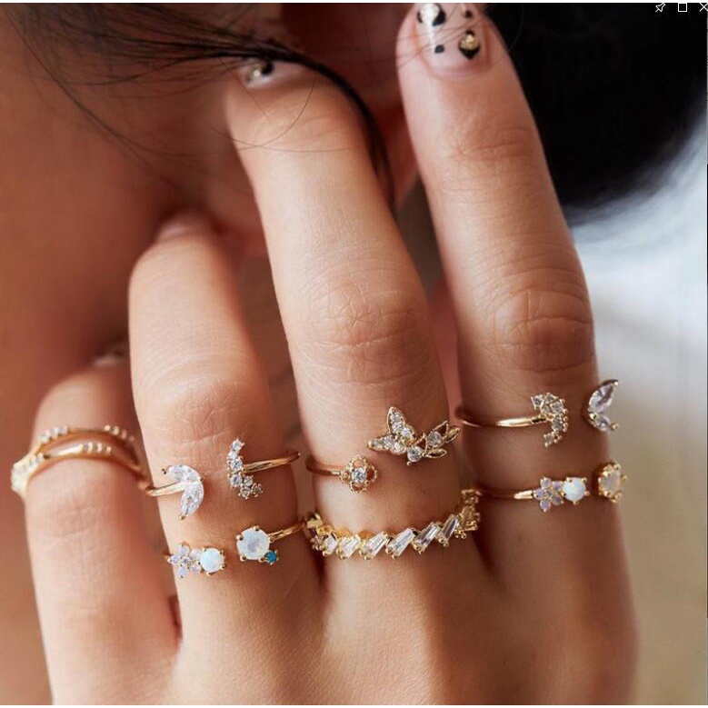9pcs/set European American Vintage Style Gold All Match Open Adjustable Alloy Women Ring for Girlfriend Gift