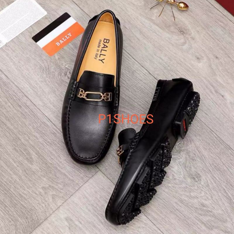 sepatu pria bally loafer mirror quality model slip on cowok hitam kulit asli leather shoes