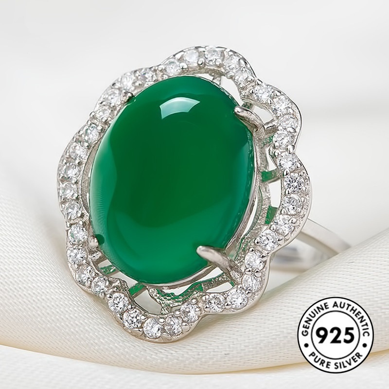 Cincin Sterling Silver 925 Gaya Vintage Elegan Dengan Giok Hijau Untuk Wanita