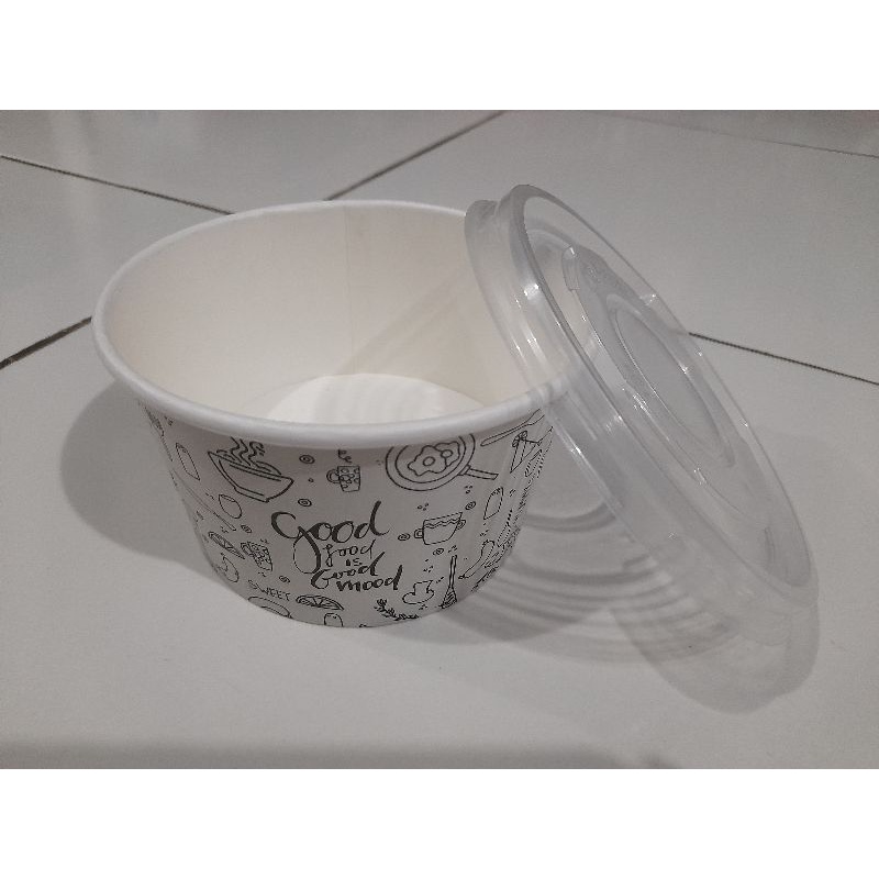 Paper bowl 650 ml motif Good Mood warna putih ( 50 pc ) + Tutup