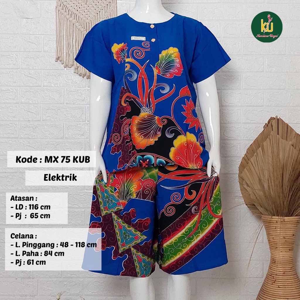 Bisa COD MX75 KUB | Setelan Kulot Celana Pendek Batik Kencana Ungu Asli Label Biru | Baju Santai Piyama Tidur Wanita Kancing Depan Busui Friendly Motif Terbaru-Elektrik F