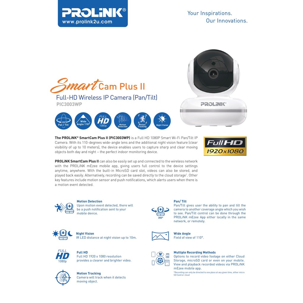 Kamera CCTV WIFI PROLiNK PIC3003WP Full HD 1080P Smart Wi-Fi Pan-Tilt IP Bardi PTZ CCTV