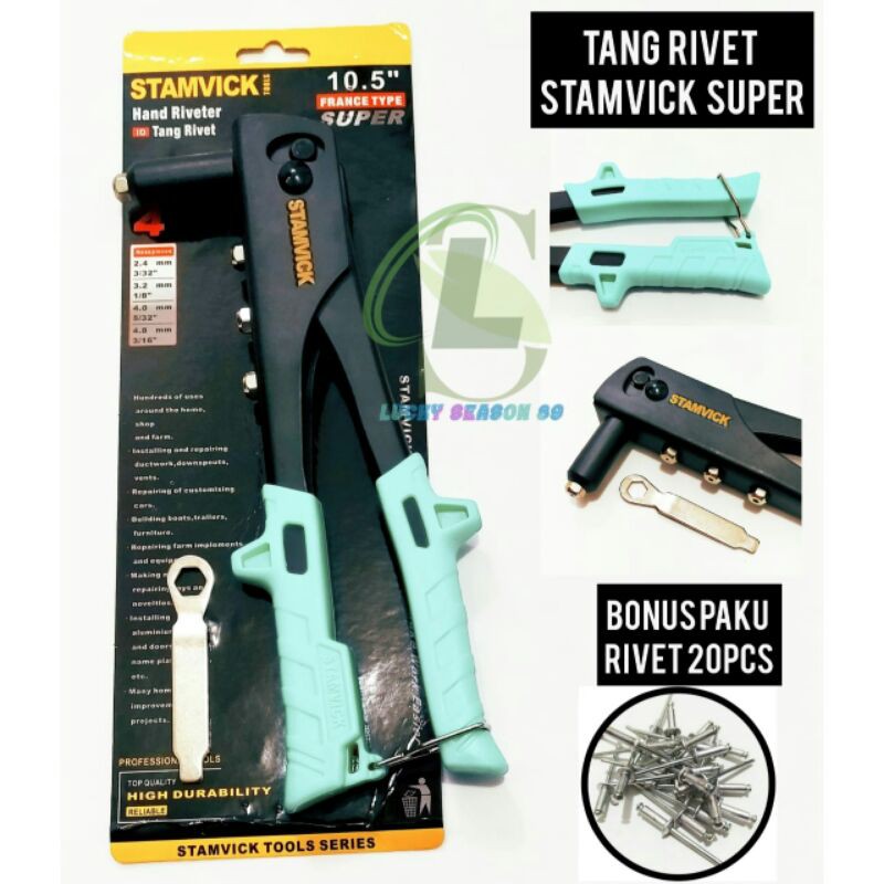 TANG RIVET/STAMVICK HAND RIVETER SUPER 2.4MM-4.8MM BONUS PAKU 20PCS/TANG RIVET 10'5 BAGUS MURAH