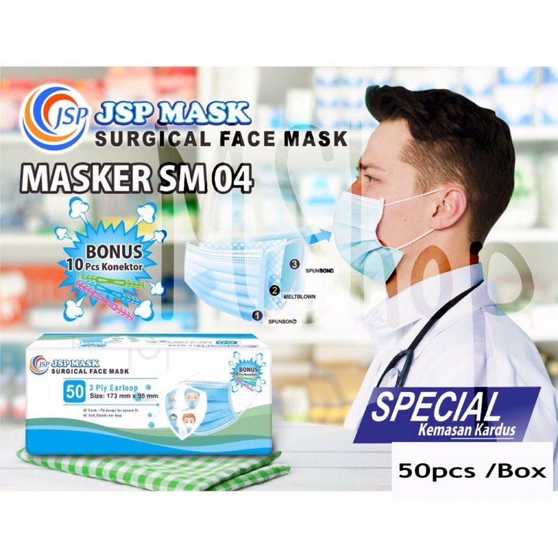 MASKER MEDIS 3 PLY JSP SURGICAL MASK - FREE 10 KONEKTOR MASKER SUDAH KEMENKES RI