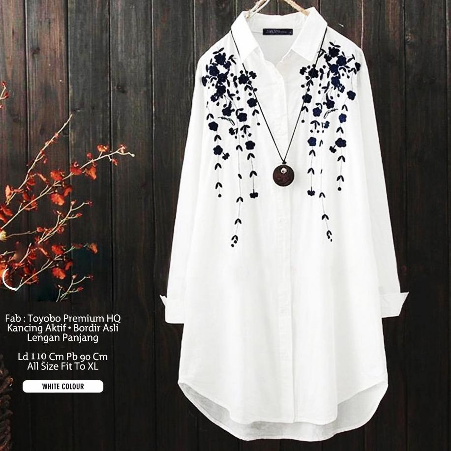 BIG SALE (wtv-597) [Grosir] TUNIK ATASAN WANITA PUTIH BORDIR LILY KIANA SAKURA SAZUKA SAZUMA SAZUR