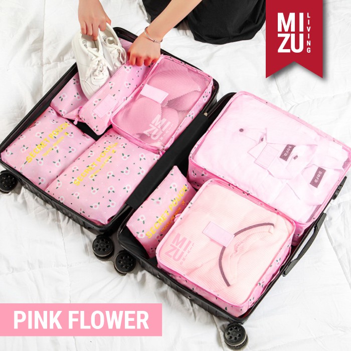 SECRET POUCH Travel Packing Cubes 7in1 Storage Bag Organizer Tas Koper MOTIF-PINK Flower