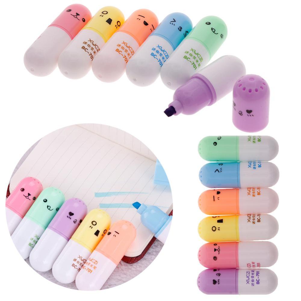 Timekey 6pcs Pen Highlighter Mini Bentuk Pil Motif Smiley Face A2E4