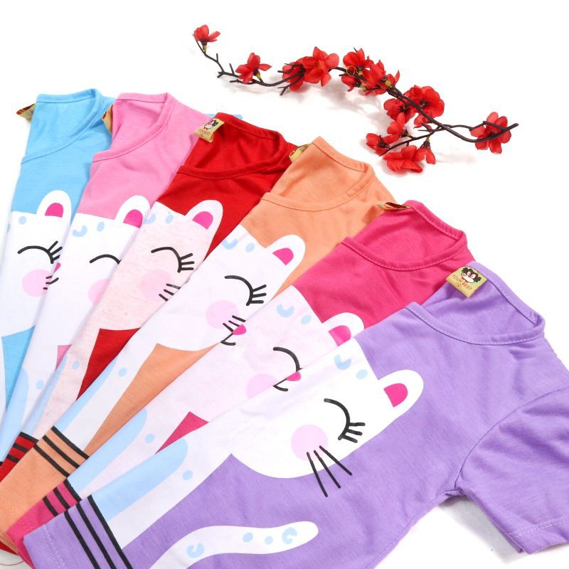 SETELAN FASHION BAJU ANAK PEREMPUAN SIKUNING CELANA PENDEK MOTIF CUTE MEOW BAHAN KAOS GAMBAR SABLON