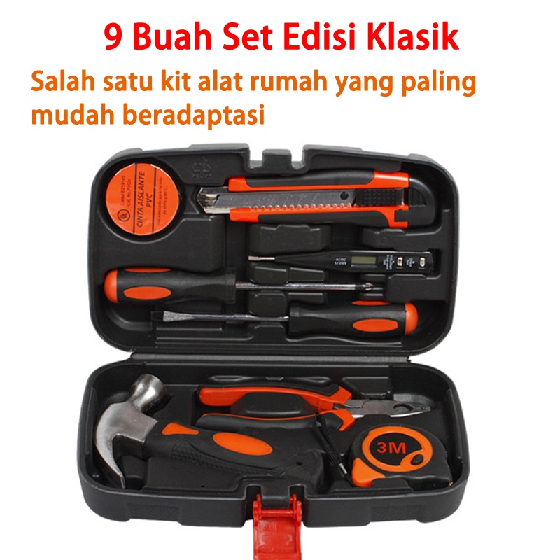 Toolkit Set 9pcs Alat Pertukangan Palu handtool box Perkakas Tukang Lengkap Tang Obeng/meteran/Cutter/Tespen