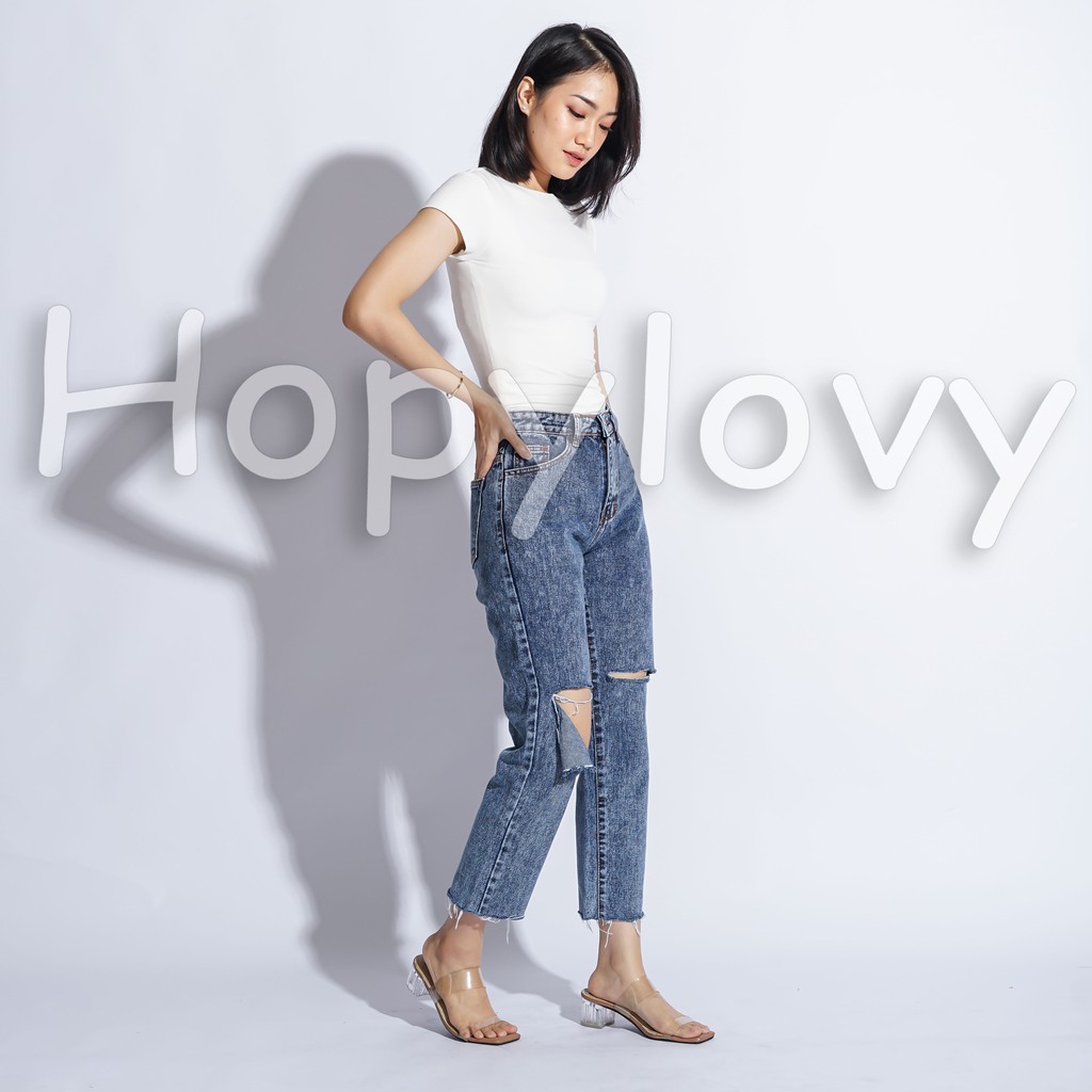 HOPYLOVY - Celana Jeans Boyfriend Wanita Sobek Lutut Unfinished Kaira