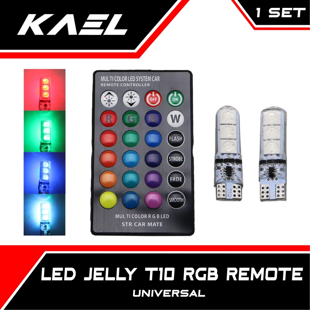 Lampu LED Jelly RGB T10 Remote Mobil-Motor 2 pcs 1 Set 16 Warna Remot Sein-Sen-Riting-Senja-Kota-dll Flash-Strobo-Diam-Smooth