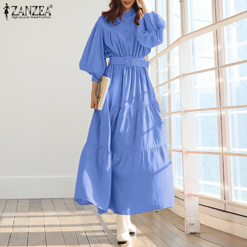 ZANZEA Women Casual Long Puff Sleeve With Belted Collared Maxi Dress