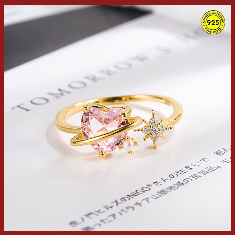 Cincin Model Terbuka Bahan Sterling Silver Gold Plated 18K Hias Zircon Pink Untuk Wanita