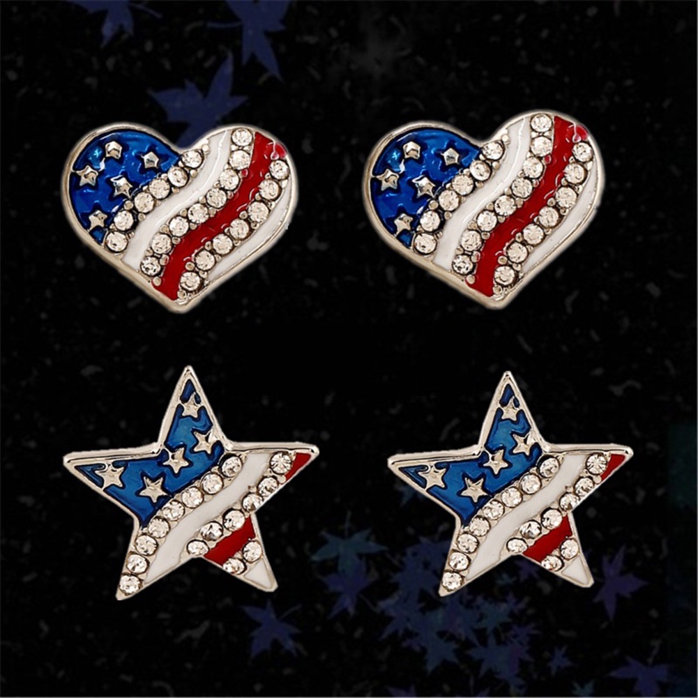 Hu Hu Hu Hu Hu Alat Bantu Pasang Kacamata♡ Anting Tusuk Berlian Imitasi Bentuk Bintang Hati Bendera Amerika Untuk Wanita