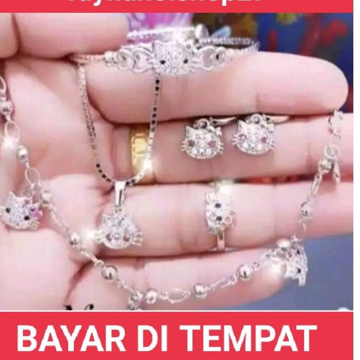 SET PERHIASAN ANAK HELLO KITTY SILVER TITANIUM ASLI BAHAN LAPIS EMAS PUTIH ANTI PUDAR