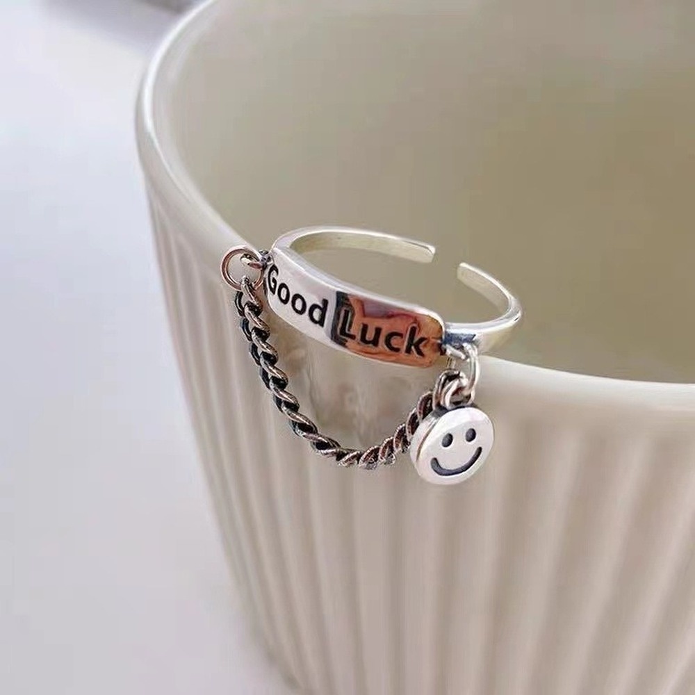 Korean Open Adjustable Smiley Face Letter Ring English Ring Personality Street Jewelry Suitable for Men Women Fashion Accessories