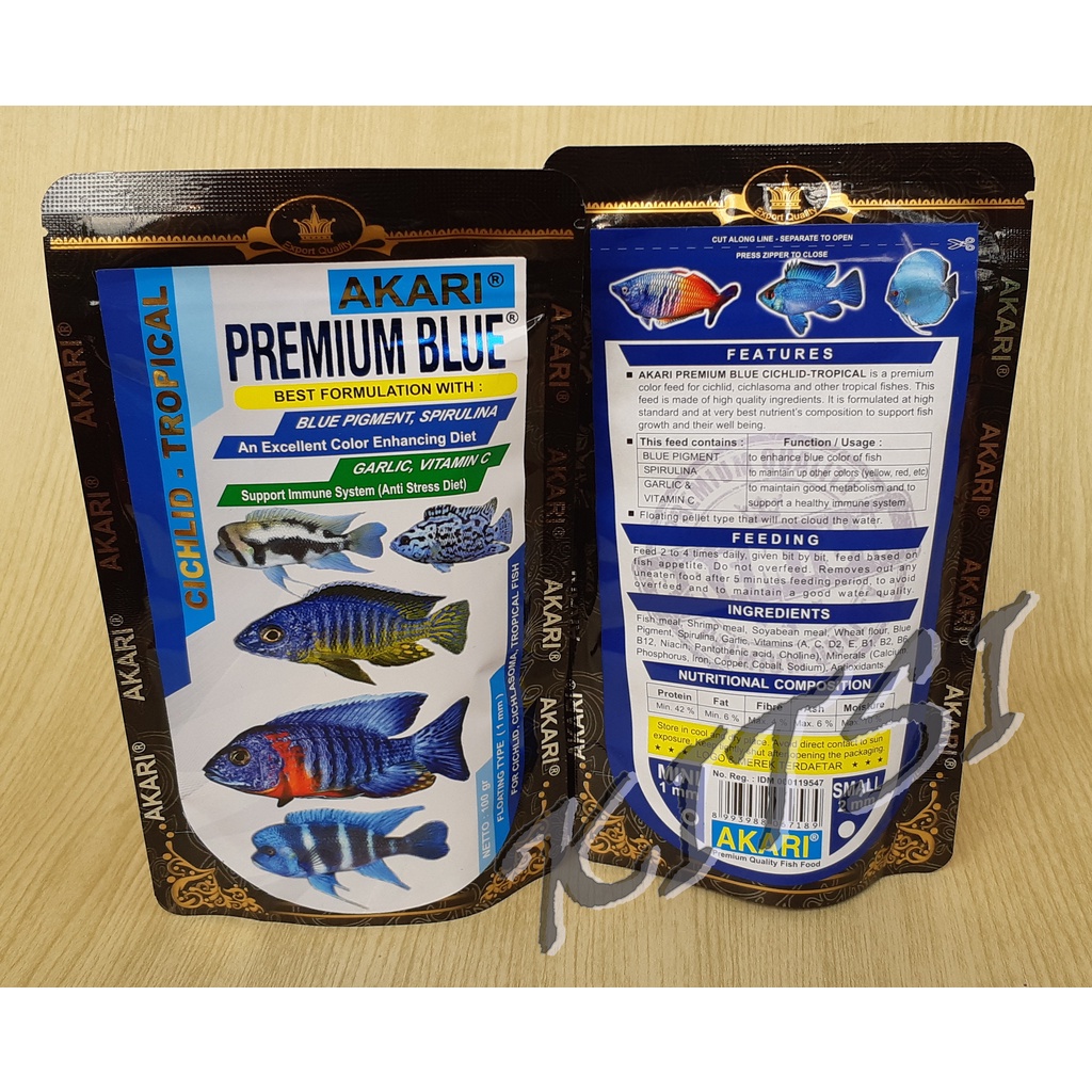 Akari Premium Blue Louhan Cichlid Tropical 100gr Pelet Cichlid Blue Pigment Spirulina 100 gram