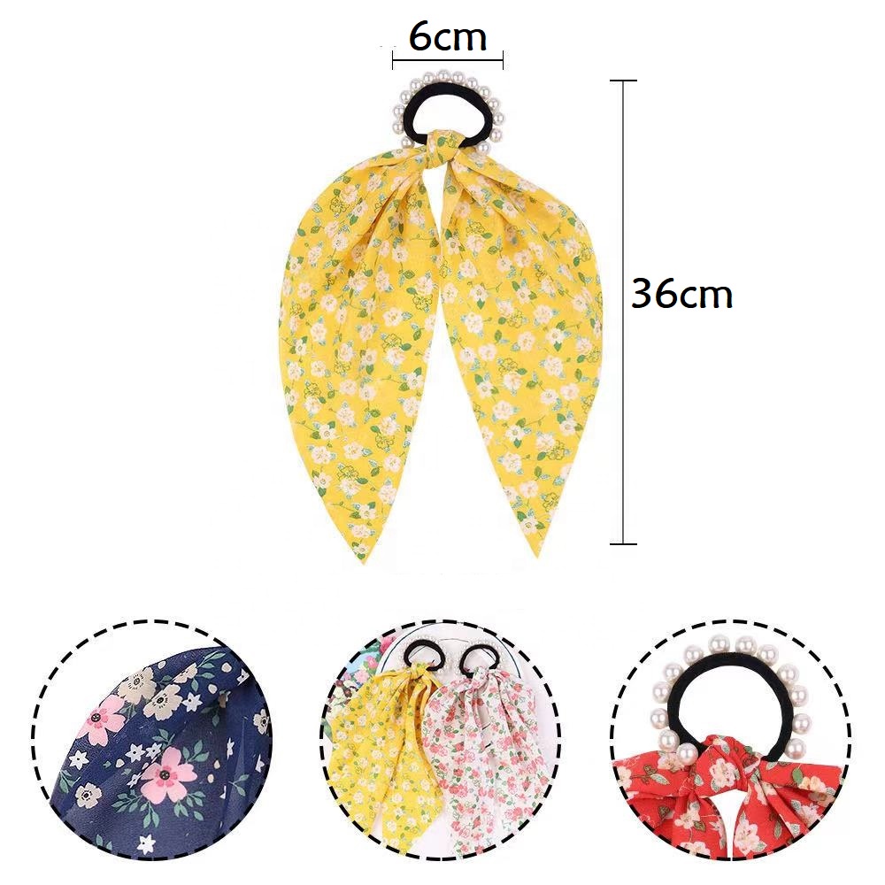 Ikat Rambut Mutiara Pita Satin Kuncir Korea Mutiara Scrunchie Jurai Panjang Pearl Silk Scarf Ribbon Hair Ring