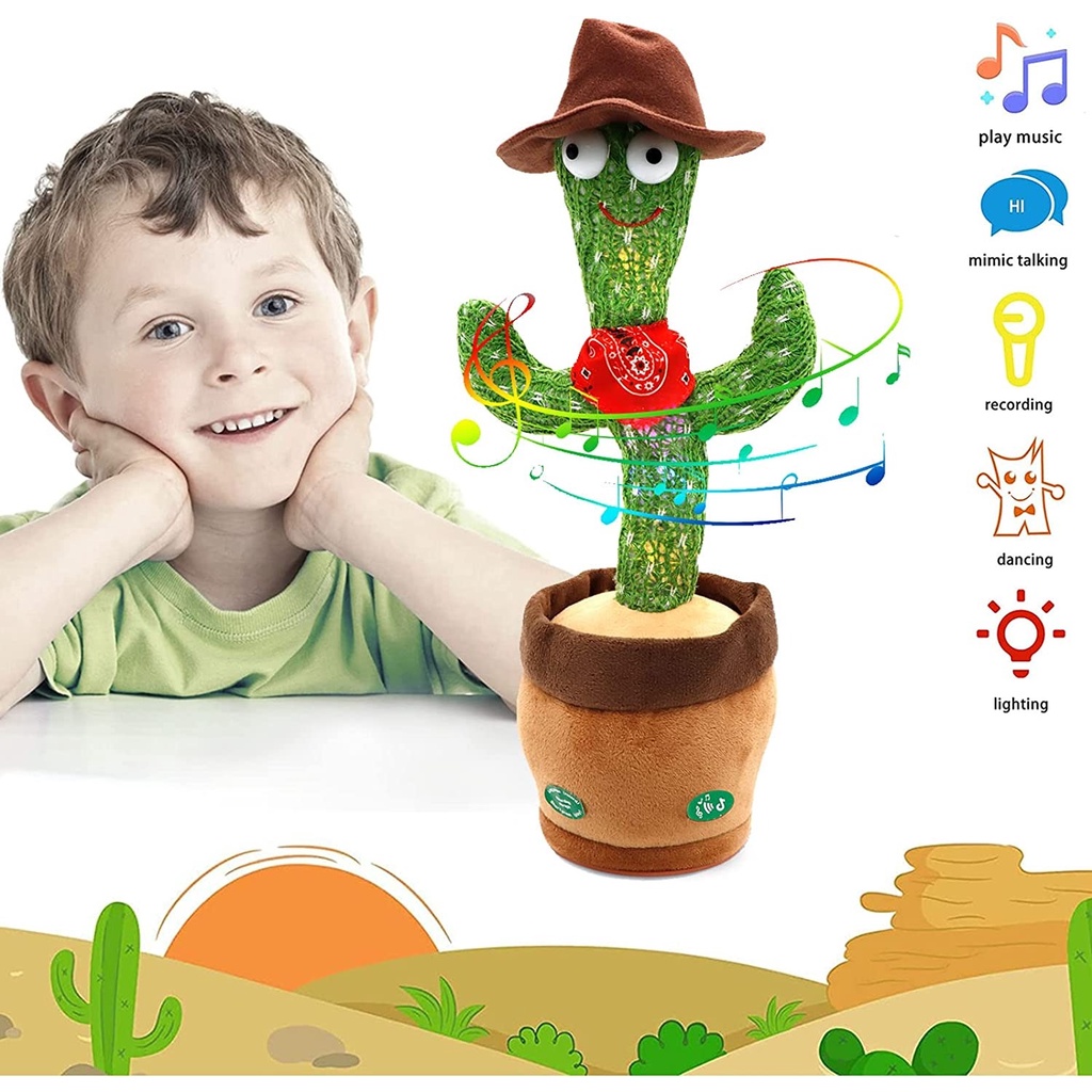 Grosir✅Dancing Cactus Toy USB Boneka Talking Cactus Toy Electric Speaking Cactus Cactus Mimicking Toy  Singing Cactus Recording and Repeat Your Words, Singing Cactus Toy(Clothes and Hats Can be Taken Off)