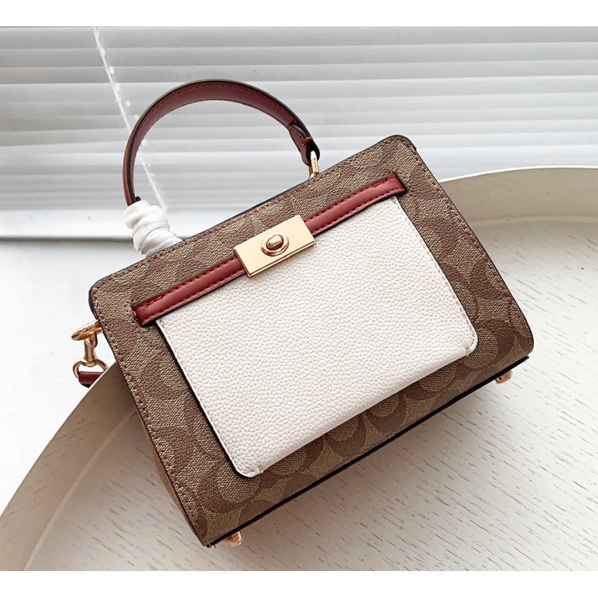 TAS WANITA SELEMPANG MINI LANE TOP HANDLE BROWN KHAKI WHITE LEATHER C8687