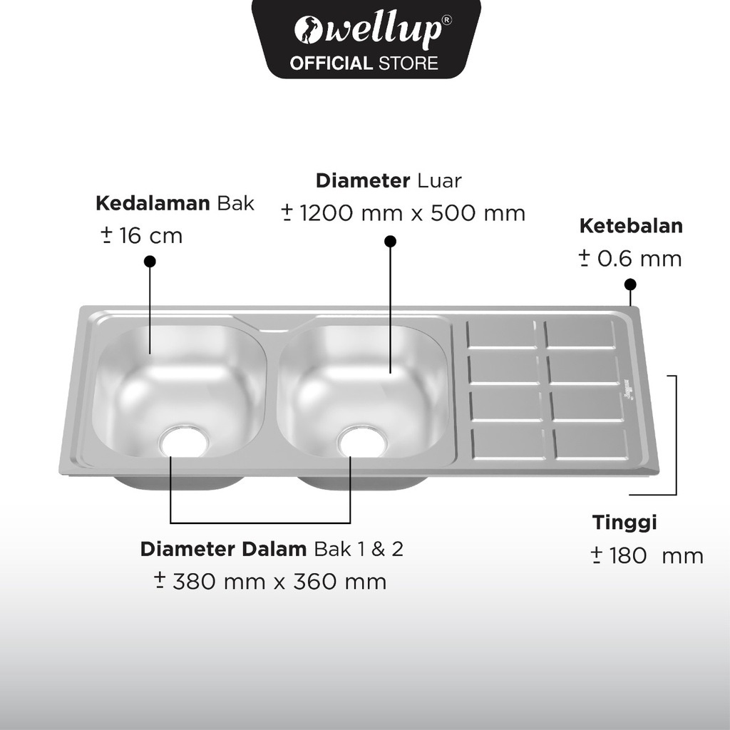 Wellup Bak Cuci Piring Kitchen Sink Wastafel Dapur BCP 120 cm x 50 cm x 18 cm Double Bowl Dua Lubang Sayap Stainless W18-12050F