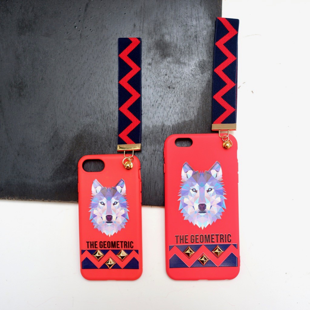 Red Soft Case Iphone with strap, Casing Hp 6/6S, 6/6S Plus, 7 &amp; 7 Plus, Rubber Merah Geometric Husky