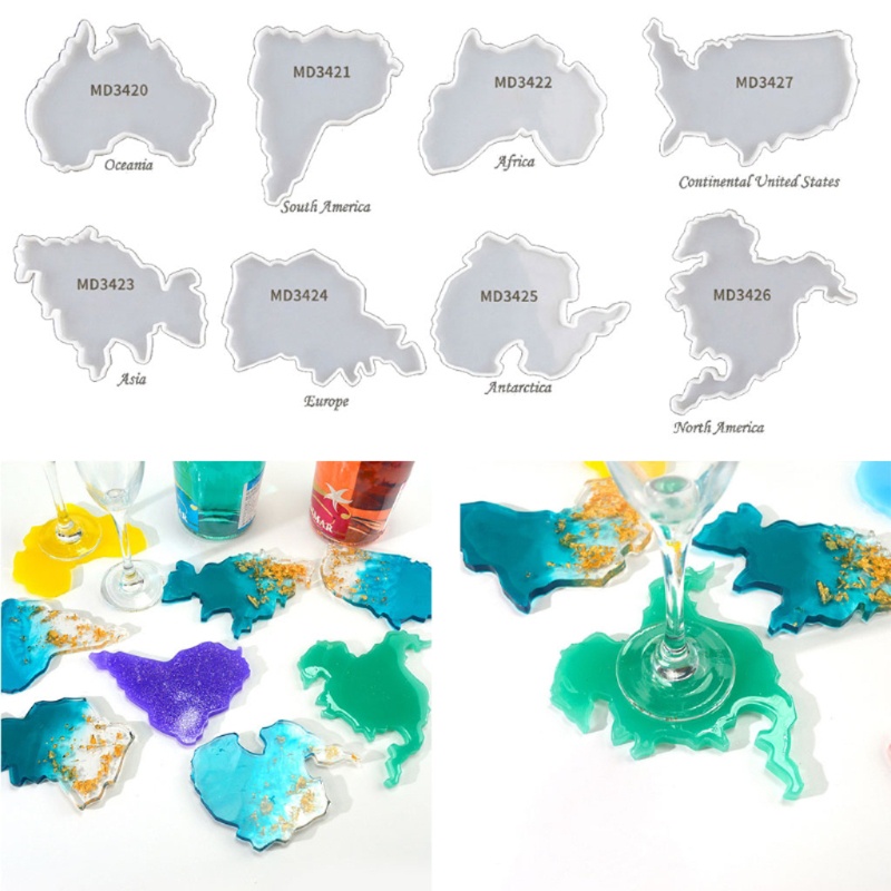 SIY  8Pcs Seven Continents Map Coaster Resin Mold Oceania Africa Europe Asia Map Silicone Tray Fruit Cup Mat Epoxy Resin Mold