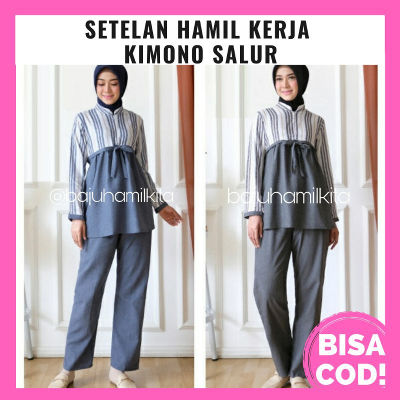 (BISA COD) Setelan Baju Celana Hamil dan Menyusui Kantor/Kerja Kimono Salur Size Standar dan Jumbo